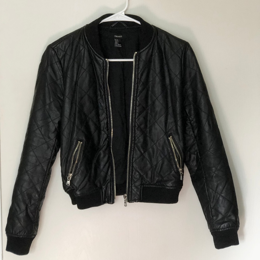 Black Faux Leather Bomber Jacket